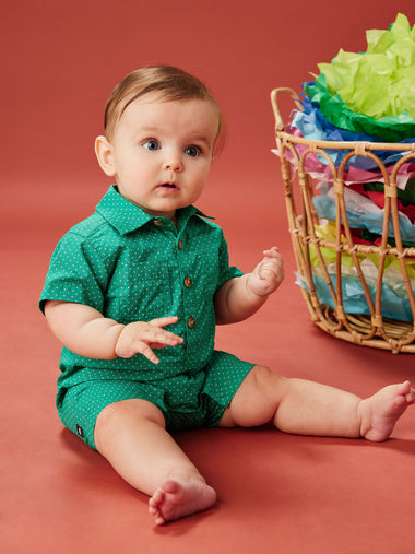 Green Polka Dot Buttoned Baby Romper