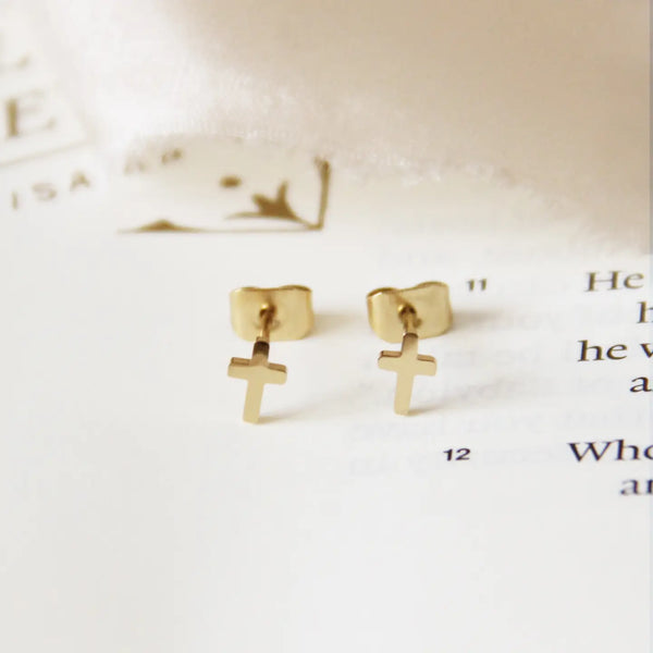 Tiny Cross Studs: Gold