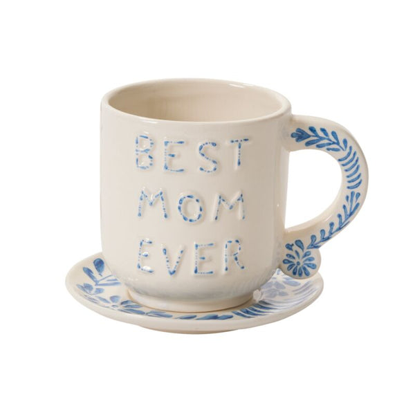 Ceramic mug with 'Best Mom Ever' text on a matching coaster, white background