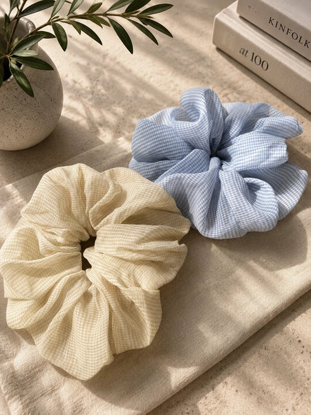 Yellow and Blue Gingham Scrunchies