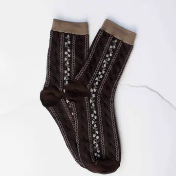 Vintage Stripe Floral Socks: Mocha