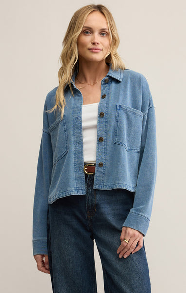 All Day Cropped Knit Denim Jacket: Vintage Indigo