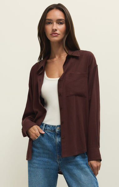 Alfie Linen Button Up: Chocolate Cherry