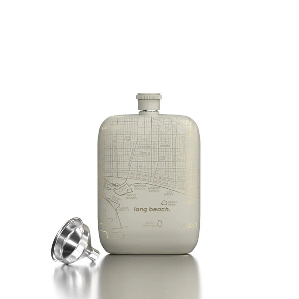 Long Beach Map Pocket Flask: White