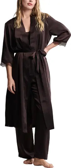 Liquid Satin Lace Kimono Robe: Umber
