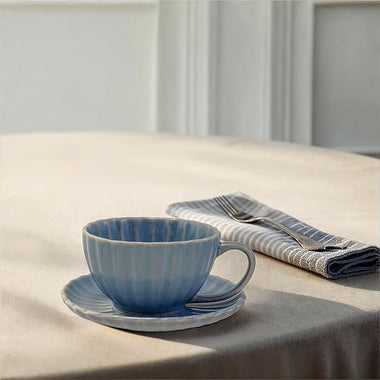 Blue Ribbed Mug with Saucer