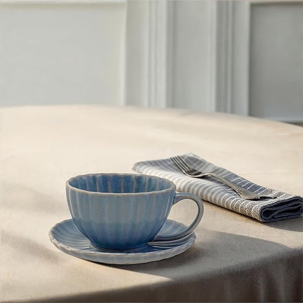 Blue Ribbed Mug with Saucer