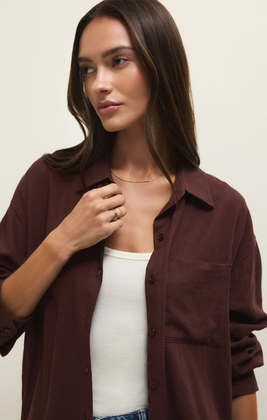 Alfie Linen Button Up: Chocolate Cherry