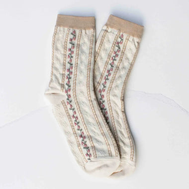 Vintage Stripe Floral Socks: Cream