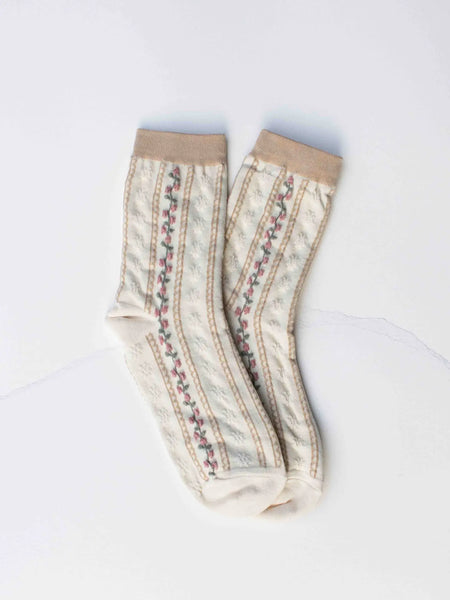 Vintage Stripe Floral Socks: Cream