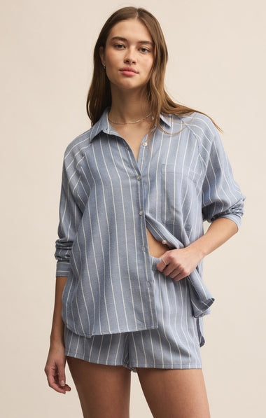 River Striped Button Up: Blue Velvet