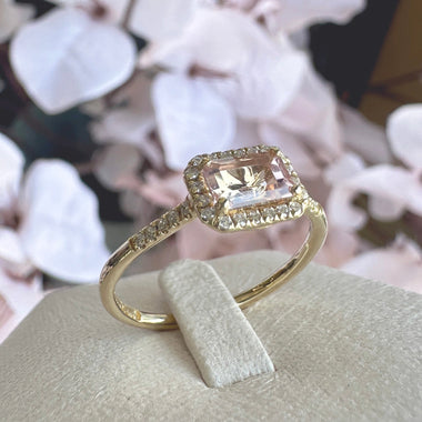 Morganite and Diamond Halo Ring