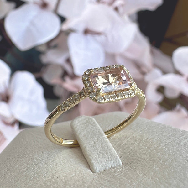 Morganite and Diamond Halo Ring