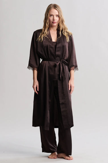 Liquid Satin Lace Kimono Robe: Umber