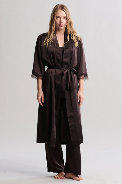 Liquid Satin Lace Kimono Robe: Umber