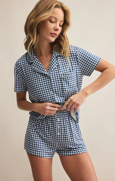 Amy Gingham Top: Yacht Blue