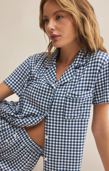 Amy Gingham Top: Yacht Blue