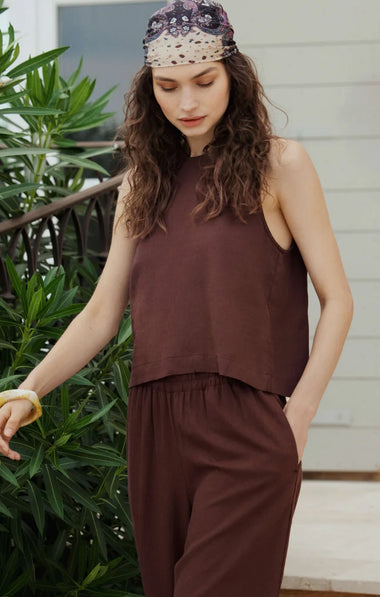 Sloane Linen Top: Chocolate Cherry