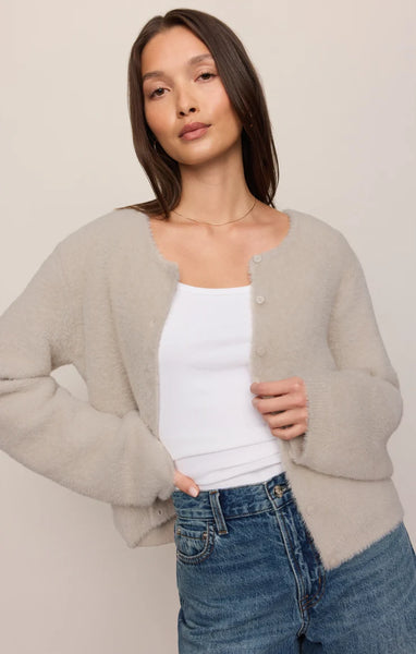 Winterglow Fluffy Cardigan: Frosted Pearl