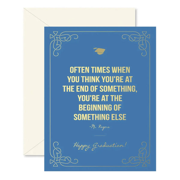 Blue graduation card with yellow text and decorative elements on a white background