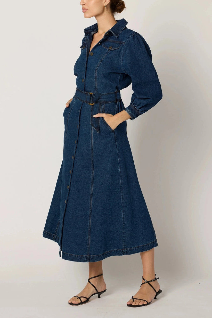 Naya Midi Dress: Denim - Blue Windows Naya Midi Dress: Denim - Blue Windows