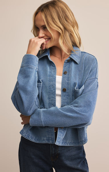 All Day Cropped Knit Denim Jacket: Vintage Indigo