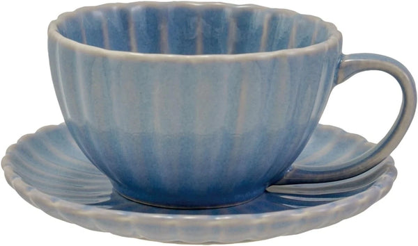 Blue Ribbed Mug with Saucer