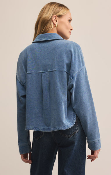 All Day Cropped Knit Denim Jacket: Vintage Indigo