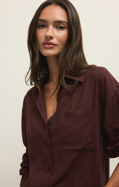 Alfie Linen Button Up: Chocolate Cherry