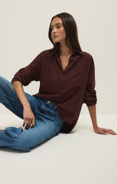 Alfie Linen Button Up: Chocolate Cherry