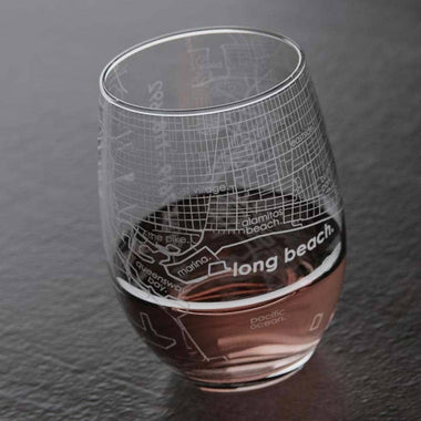 Long Beach Map Stemless Wine Glass
