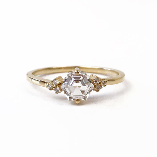 Hexagon White Topaz and White Diamond Ring